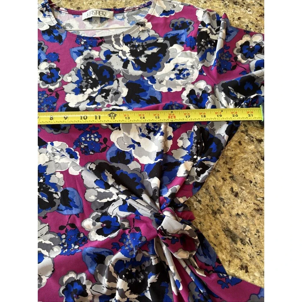 Kasper‎ Women Purple Blue Floral Crew-Neck Self-Tie Side Blouse Top Size XL